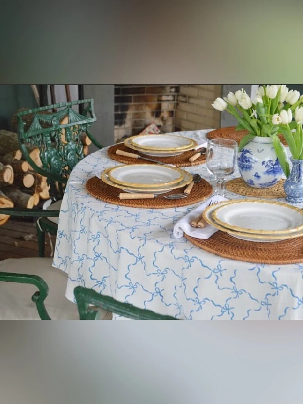 New Julia Amory Blue Bow Ribbon Print Tablecloth 120”